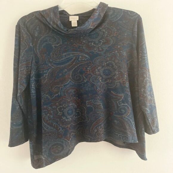 Chico's New Mini-Stripe Cowl-Neck 3/4 slv Pattern  Stripe Top Victorian Blue Sz2 - Picture 1 of 15